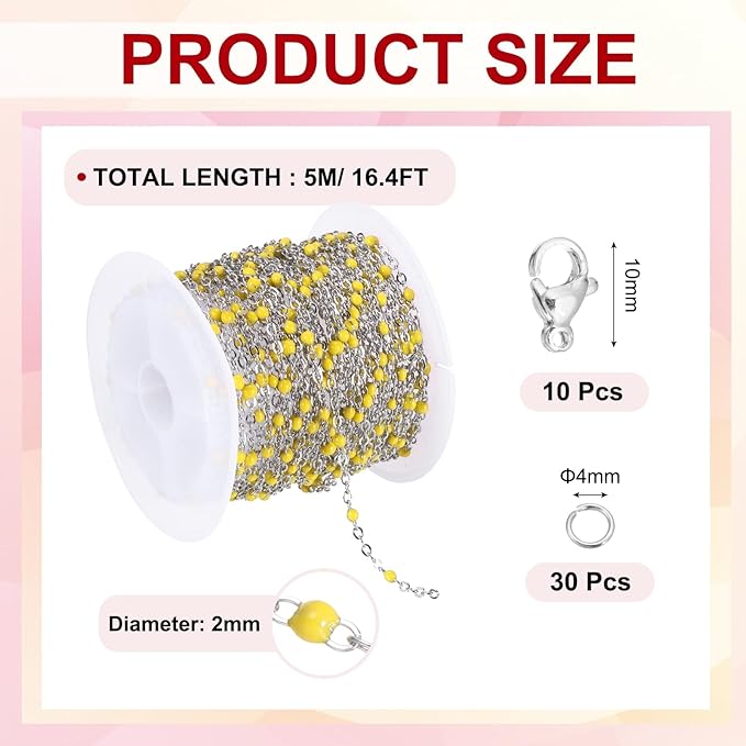 MECCANIXITY Stainless Steel Bead Chain, 16.4 Feet/5M Enamel Beaded Jewelry Link Cable Chains Spool Kit for Jewelry Making, Necklace, Bracelets, DIY Crafts (Silver/Yellow, Pack of 1)