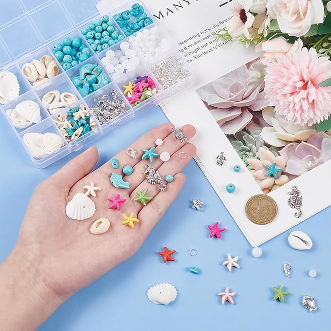 PH PandaHall Ocean Jewelry Making Kit - Starfish, Seashell, Synthetic Turquoise, Tortoise, Fish, Cowrie Shell Beads for Summer Beach Necklace, Earring, Bracelet, Anklet Jewelry Making (406pcs)