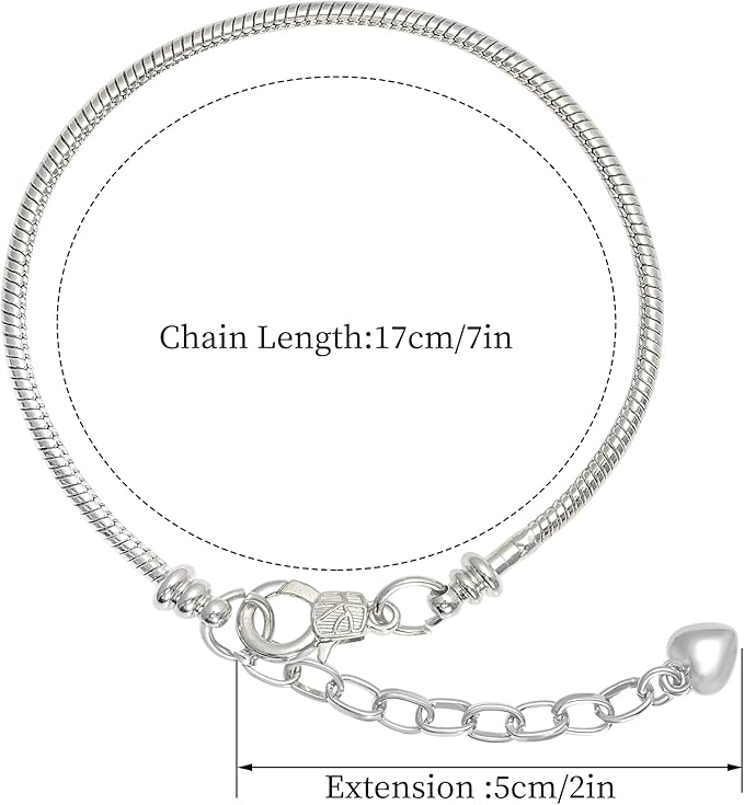 tiggell 10pcs Chain Bracelets Kit Silver Plated Snake Chain with Heart Lobster European Charm Bracelet for Christmas DIY Women Jewelry Findings Bracelet Making (Silver)