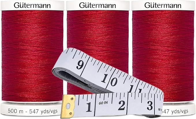 Gutermann Sew-All Thread (500m/547yd Each), 3-Pack Bundle with Bella's Crafts Soft Tape Measure (Scarlet - 410)