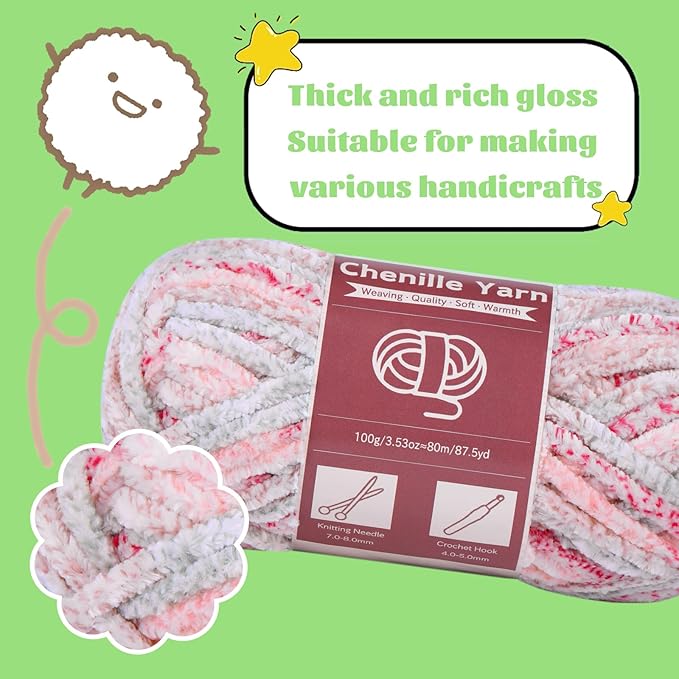LUNARM Chenille Yarn for Crocheting Knitting, 3 Skein 10.58 oz / 263 Yard Thick Soft Chunky Fluffy Weaving Plush Yarn for Blankets Clothes Pattern with Big Eye Needles(Pink Purple Green Gradient)