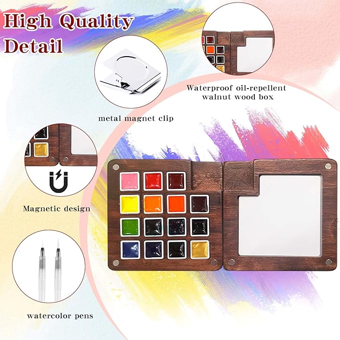 Mini Watercolor Paint Set - 15 Color Travel Watercolor Palette Set - Portable Water Color Paint Set with Watercolor Journal, Binder Clips,Pens,Storage Bag, Wooden Box for Beginners Painters Artists Student