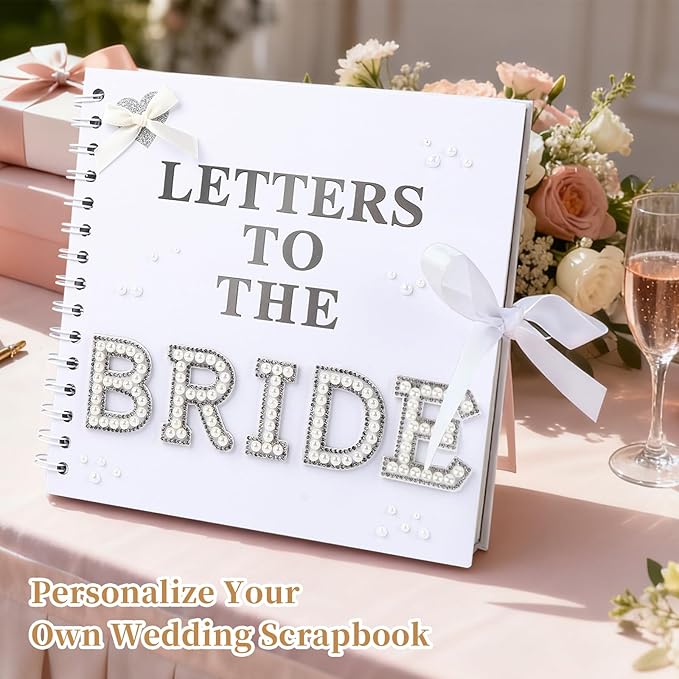 Mioxskrey Letters To The Bride Scrapbook Wedding Bridal DIY Blank Paper Memory Scrapbook Wedding Albums Supplies with Pearl Stickers, Bows, Metallic Letters, Flower Stickers, Tweezers, 8x8 Inch, White