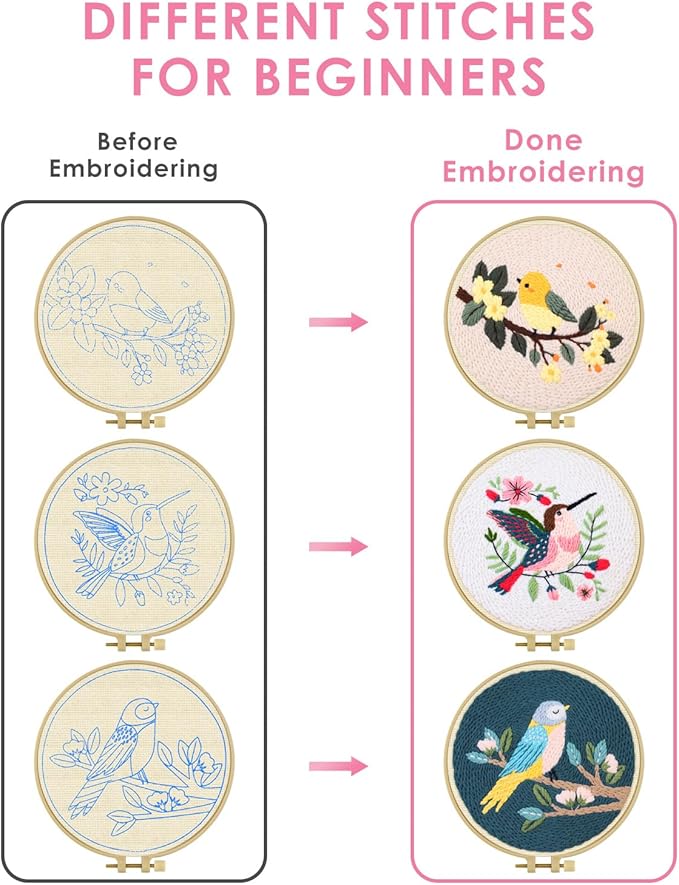 TINDTOP 3 Sets Punch Needle Kits, Panda Punch Embroidery Kits for Adults Beginner, Tool with Punch Needle Fabric, Hoops, Yarns and Sewing Needles (Bird)