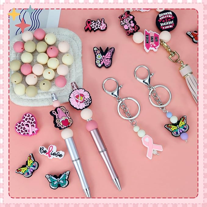 12PCS Breast Cancer Awareness Silicone Beads for Pens, 12Pcs Silicone Focal Beads for Keychain Making DIY Handicraft（Breast Cancer Awareness）