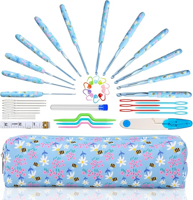 Looen Crochet Hooks Set, 12 Sizes 2.0mm(B)-8.0mm(N) Ergonomic Handle for Arthritic Hands, Soft Rubber Grip Knitting Needles Kit for Crochet Beginners, Knitting Enthusiasts (Sky Blue)