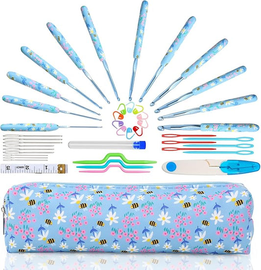 Looen Crochet Hooks Set, 12 Sizes 2.0mm(B)-8.0mm(N) Ergonomic Handle for Arthritic Hands, Soft Rubber Grip Knitting Needles Kit for Crochet Beginners, Knitting Enthusiasts (Sky Blue)