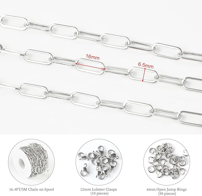 KYUNHOO Silver Jewelry Making Chain Roll Stainless Steel Paperclip Chains Bulk 5 Meters Long Craft Chain with Lobster Clasps Jump Rings for Men Women DIY Jewelry Supplies