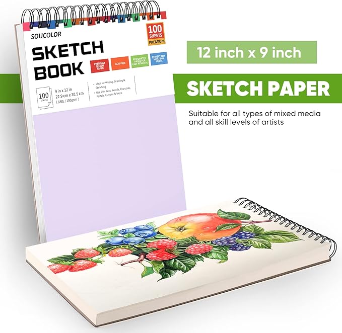 soucolor 9" x 12" sketch book, christmas gifts for women, birthday gifts for women, thank you gifts, stocking stuffers, 2 packs 100-sheets each (68lb/100gsm) drawing pad for teens girls