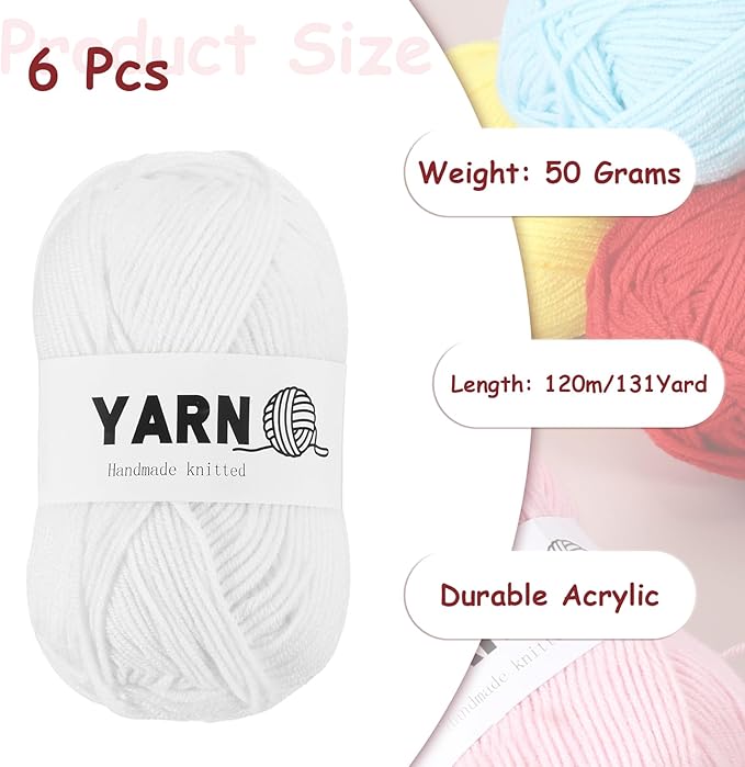6Pcs Pale White Acrylic Yarn 790 Yard 4 Ply Soft Crochet Yarns Sport Weight Yarn,[for DIY Crocheting Knitting Craft Blankets Hats]-300g