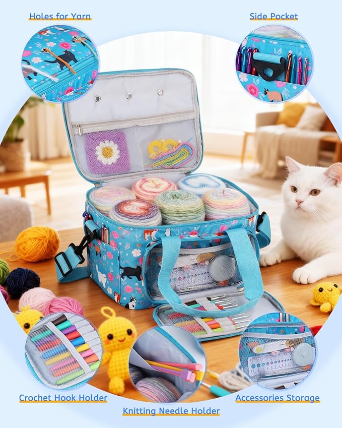 Aeelike Yarn Storage Organizer Travel Crochet Bag, Large Capacity Tote Bags Knitting Bag for Carrying Projects, Knitting Needles,Crochet Hooks and Yarn, Blue Cat Flower