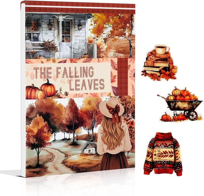 Cozy Autumn Journaling Sticker Book, 20 Sheets Pe-Cut PET, Washi Tape, and Craft Paper Stickers for Junk Journal Supplies, Aesthetic Fall Stickers for Bujo, Collage, Scrapbook Supplies