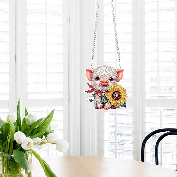 Tontut 5D DIY Diamond Art Painting Pendant kit, Sunflower Pig Special-Shaped Hanging Crystal Window Pendant kit, Adult Gift Home Curtains, Yard Entrance Decoration