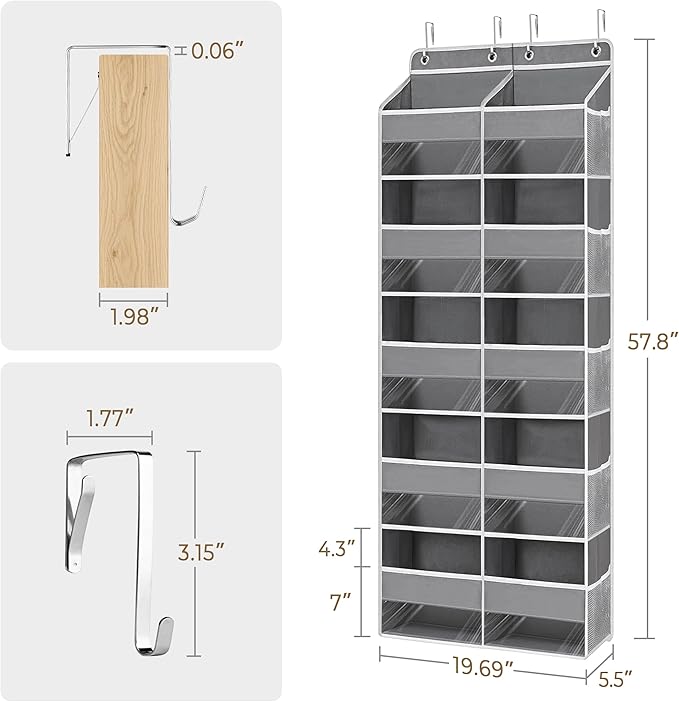 Hanging Yarn Storage Organizer, 10 Extra Large Clear Pockets Organizer with 10 Side Crochet Bag Organizer, Over The Door Yarn Storage for Crochet Hook, Knitting Needles,Gray
