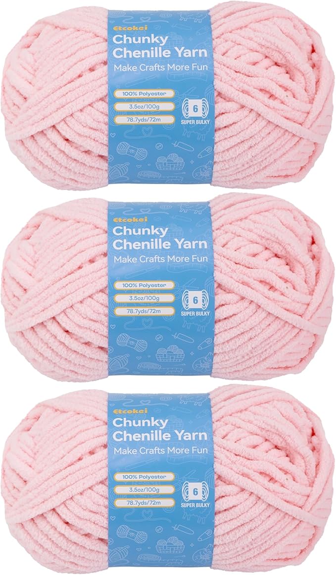 Chenille Yarn #6, Super Bulky Blanket Yarn for Crocheting & Knitting, Extra Soft Chunky Thick Yarn, Easy to Crochet, Perfect for Amigurumi, Baby Blankets, DIY Home Decor, 3Skeins(300g/10.5oz), Pink