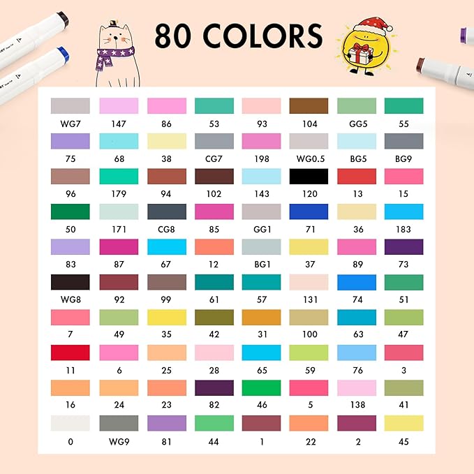 Alcohol Markers Set 80 Colors, Dual Tip Art Markers Alcohol Based, Chisel & Fine Tip Coloring Markers for Adult Coloring Books, Sketching, Drawing, Illustration, Art Supplies