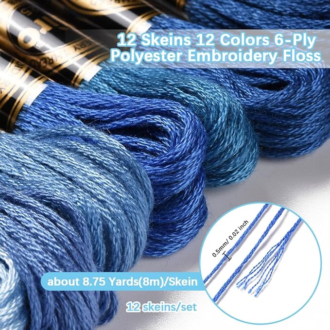 12 Skeins 105 Yards 6 Ply Variegated Embroidery Thread Friendship Bracelets String Blue Gradient Cross Stitch Floss Yarn Thread Bulk for Jewelry Making Hand Sewing Knitting Stitching Crafts