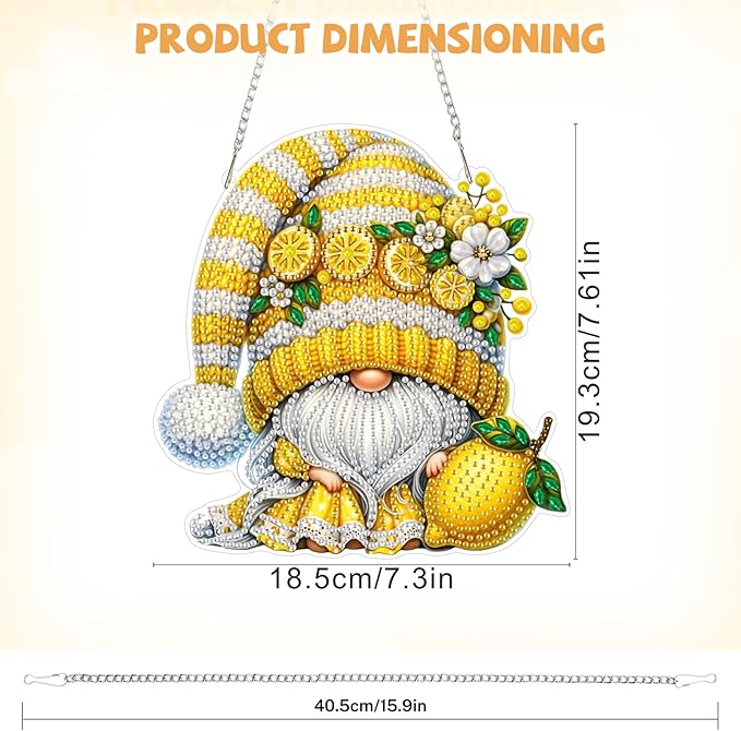 Bowetile Gnome Diamond Art Hanging Kits for Adults, Diamond Art Suncatchers Lemon, 5D Special Shape Diamond Painting Pendant Window Ornament Gifts for Home Wall Door Garden Decor