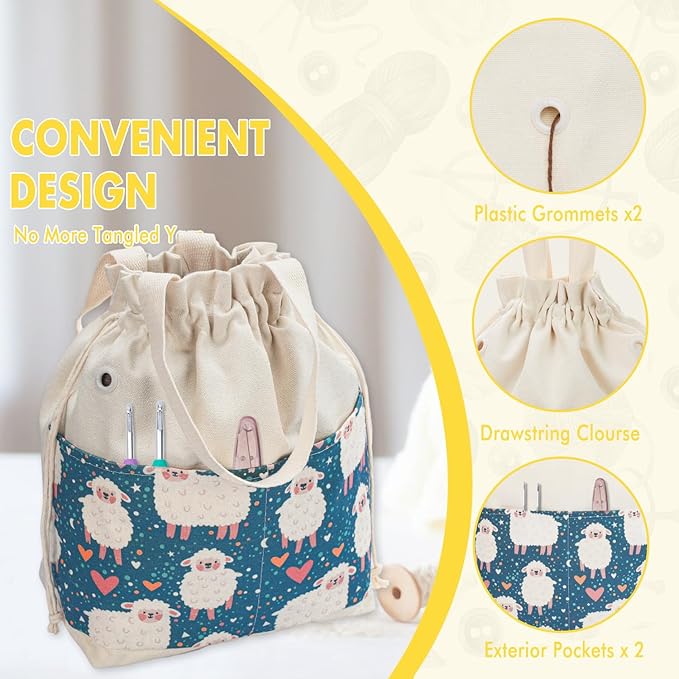 Crochet Bag, Handy Knitting Project Yarn Bag, Crochet Accessories Yarn Storage Organizer, Knitting Bags and Totes for Crocheting on The Go, 12.5x13x5'' (Green Sheep, Small)