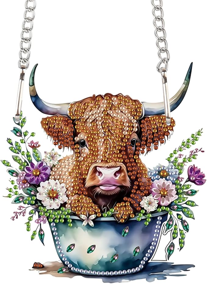 AiYuanzsh Highland Calf Diamond Art Hanging Pendant Kit, DIY Acrylic Diamond Painting Ornament with 5D Special Shaped Crystal Rhinestones, Decorative Wall or Garden Craft Gift for Adults