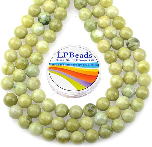 LPBeads 80Pcs Polished 10mm Round Natural Green Jade Gemstone Loose Beads with Stretch Cord for Jewelry Making Bracelets