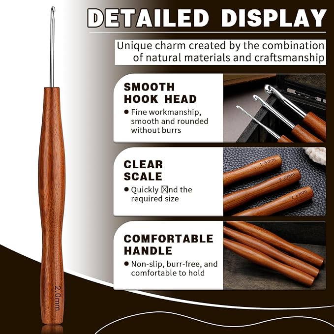 Nitlak Crochet Hooks Set, 3 Size Aluminum Ergonomic Crochet Hooks with Wooden Handle for Arthritic Hands, Beginners, Crochet Needles for Knitting Gloves, Sweaters and Blankets(2mm/2.5mm/3mm)