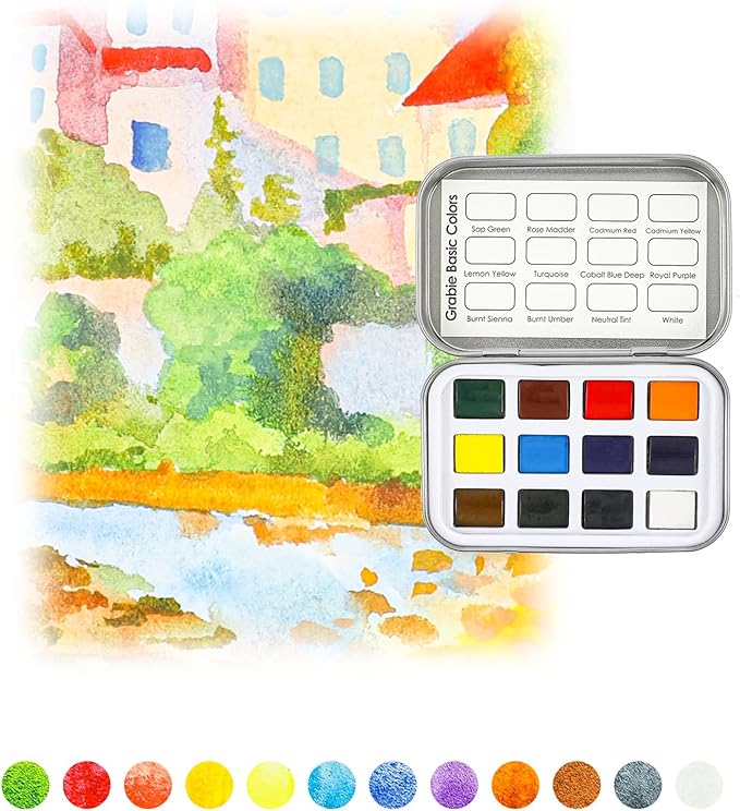 Grabie Pocket Watercolor Set of 12, Travel Watercolor Paint Set, Watercolor Paints, Art Supplies for Painting, Great Watercolor Set for Artists, Amateur Hobbyists and Painting (Essential Color)