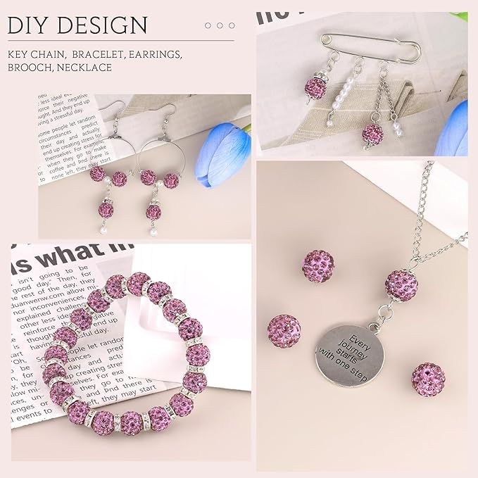 100pcs 10mm Rhinestone Beads for Jewelry Making, Light Purple Shiny Round Shamballa Disco Beads Bulk, Sparkle Crystal Clay Christmas for Bracelet Baseball Necklace Earring Crafting and DIY