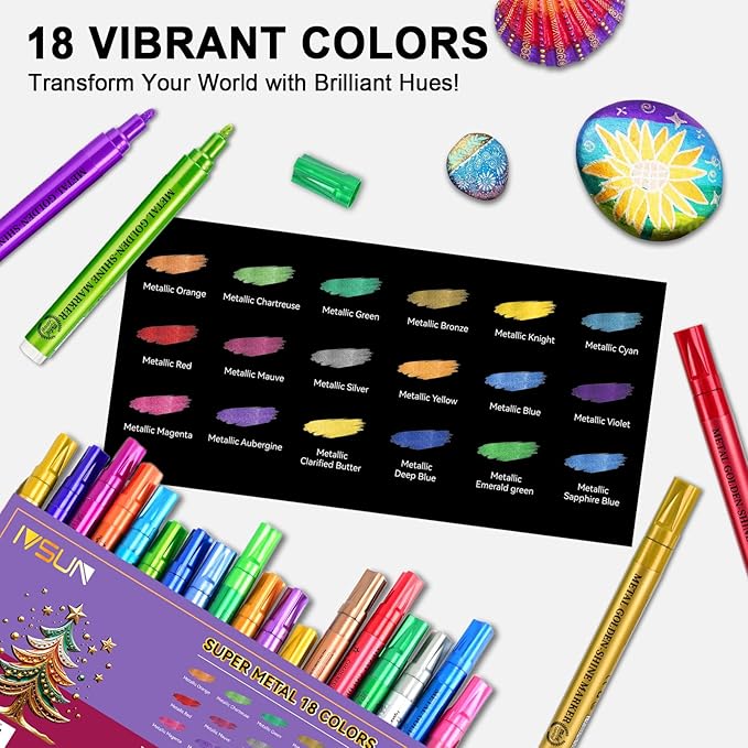 IVSUN Super Golden Metallic Markers, 18 Colors Glitter Acrylic Paint Pens for Black Paper, Rock, Glass, Wood, Scrapbooking, Photo Albums, Card Making, DIY Crafts Supplies, Easter Basket Stuffers