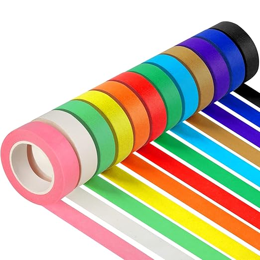 Guirnd 12PCS Colored Masking Tape, Kids Art Supplies, DIY Craft Tape, Colored Tape Rolls, Colored Painters Tape, 1.7cm x 12m (2/3In x 13Yards)
