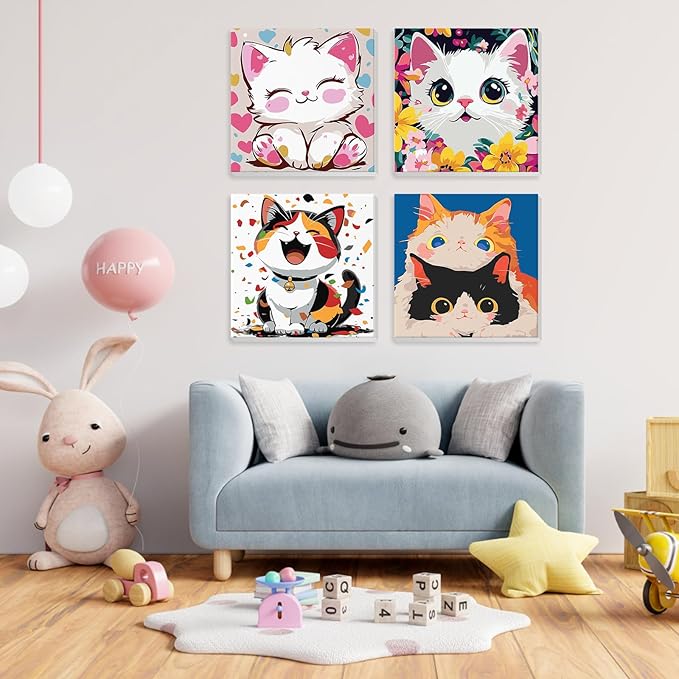 NEWENMO 4 Pack Paint by Numbers Kit for Kids Beginner with Wooden Frame, Cute Kawaii Sweet Cartoon Cat, Paint by Numbers Kit for Adults, Adorable Kitten, DIY Painting Kits for Home Wall Decor 8x8inch