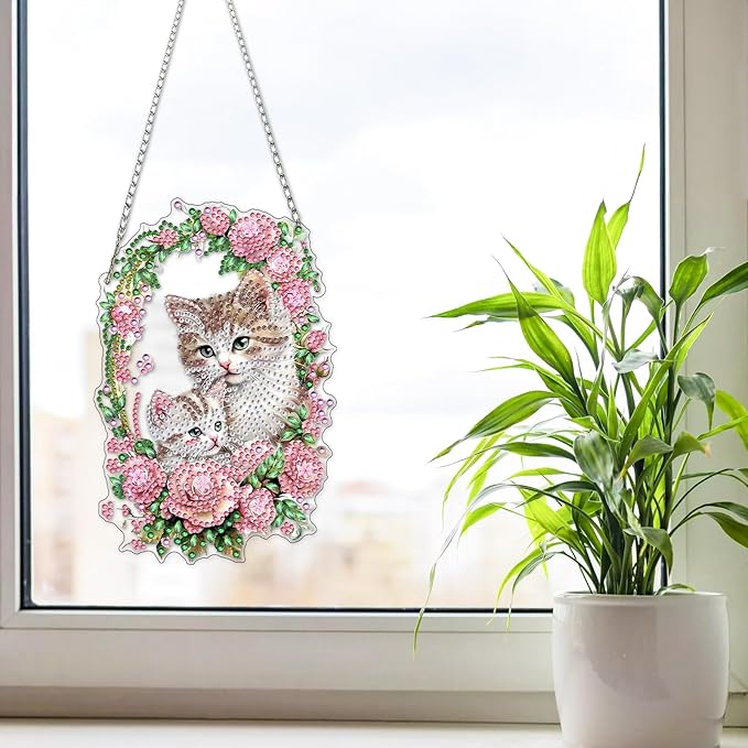 NAIMOER Diamond Art Hanging Kits for Adults, Flower Cat Diamond Art Suncatchers, 5D Special Shape Fall Diamond Painting Pendant Window Ornament Gifts for Home Garden Door Wall Decor