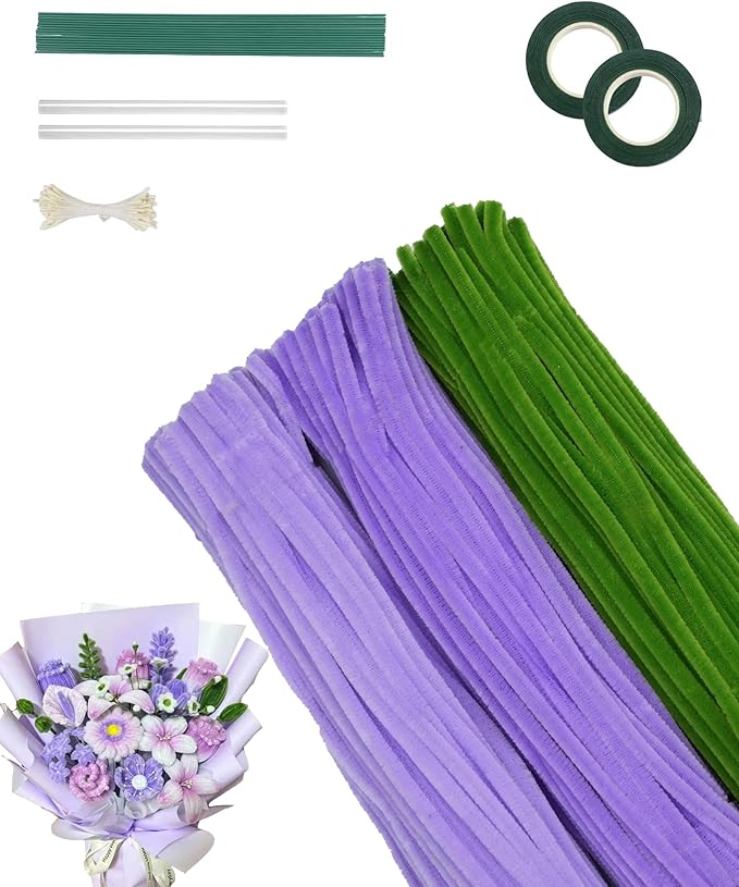 300 Pcs Purple and Green Thick Pipe Cleaners Craft Supplies for Floral Bonquet DIY Flower Making Kit for Starter with Floral Wires, Gardening Tape,Stamen Gift Wrapping Party Decor