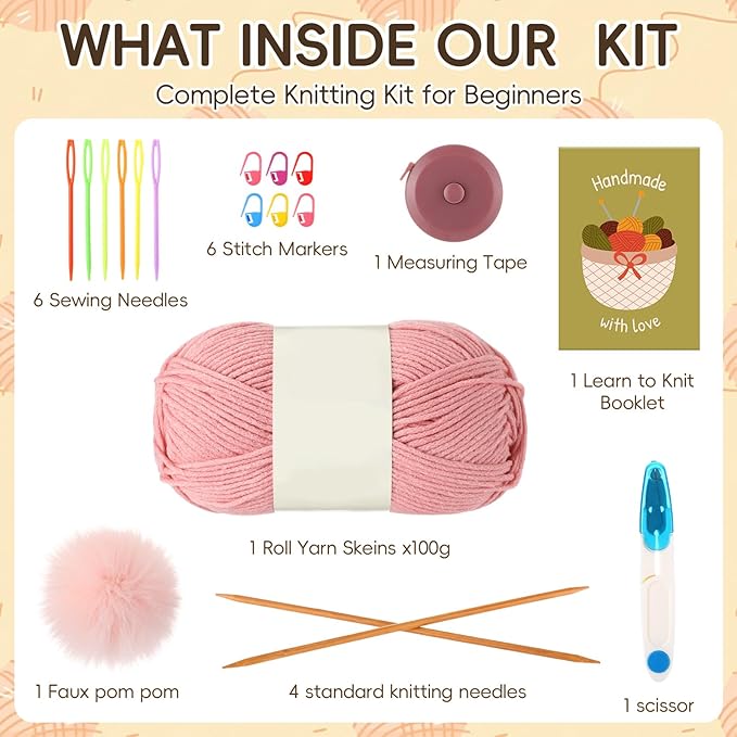GliCraft Knitting Kits for Beginners Adults Hat Knit Kit with Yarn, Knitting Needles, Faux Pom, Scissors, Measuring Tape Practical and Easy to Use Complete Beginners for Women Men Present(Dark Pink)