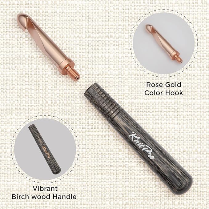 KnitPro Oasis Starter Crochet Set - 1 Wooden Handle, 7 Hooks in Sizes 2mm to 5mm, 1 Rose Gold Scissors, 1 Tape Measure, 10 Metal Locking Stitch Markers, 1 Gripper