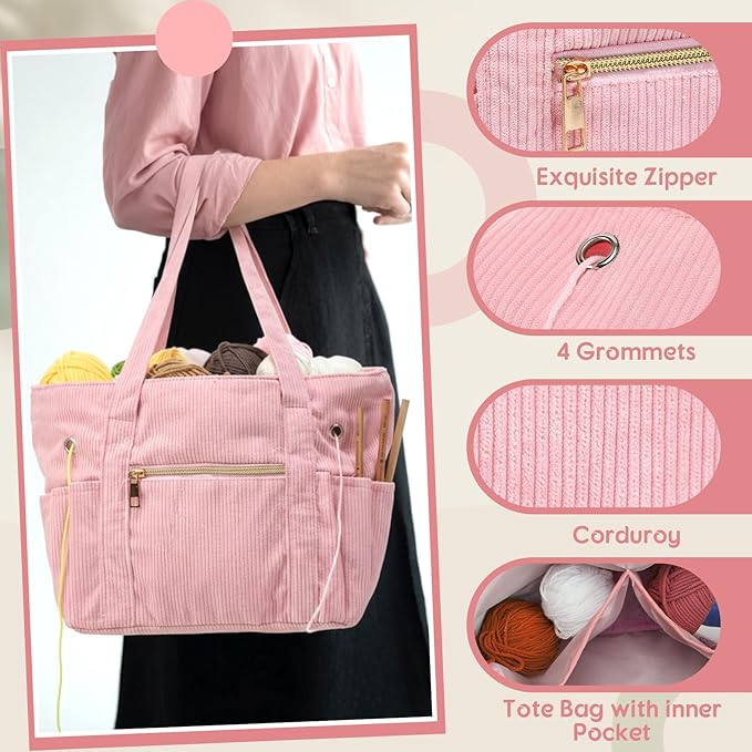 Bulyoou 2 Pcs Crochet Bag and Tote Set Corduroy Yarn Bag for Hooks Organizer Yarn Holder for Crochet Lovers Knitting Accessories(Pink)