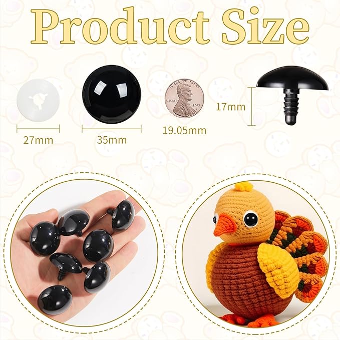 Vanblue Upgraded Safety Eyes for Crocheting 35mm 20pcs Scratch-Resistant Black Crochet Eyes with Eco-Friendly Washer Snap on Easily and Securely Strong Amigurumi Eyes Smooth Edges for Stuffed Animals