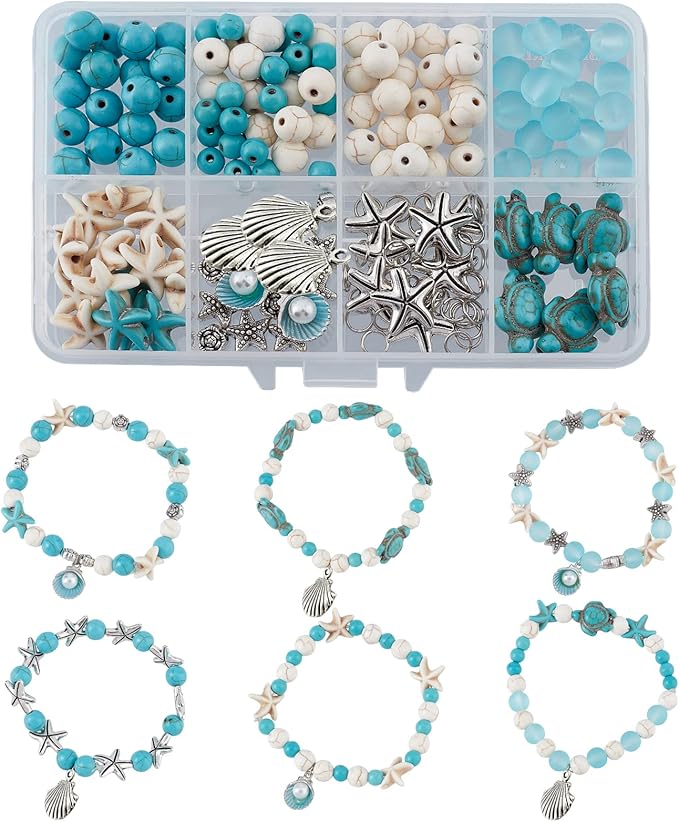 SUNNYCLUE 1 Box DIY 6Pcs Summer Ocean Theme 8mm Turquoise Beads Bracelets Shell Charms Bracelet Making Kit Turtle Spacers for Jewelry Making Alloy Starfish Sandal Beads Necklace Anklets Craft Supplies