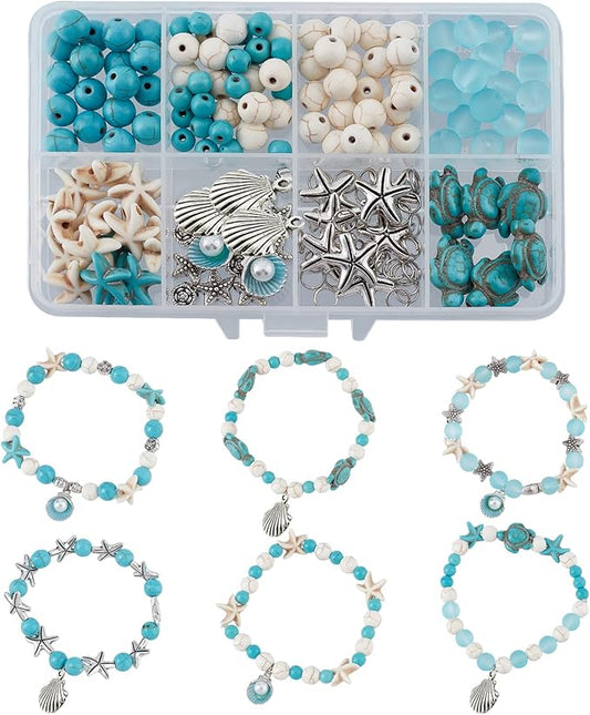 SUNNYCLUE 1 Box DIY 6Pcs Summer Ocean Theme 8mm Turquoise Beads Bracelets Shell Charms Bracelet Making Kit Turtle Spacers for Jewelry Making Alloy Starfish Sandal Beads Necklace Anklets Craft Supplies