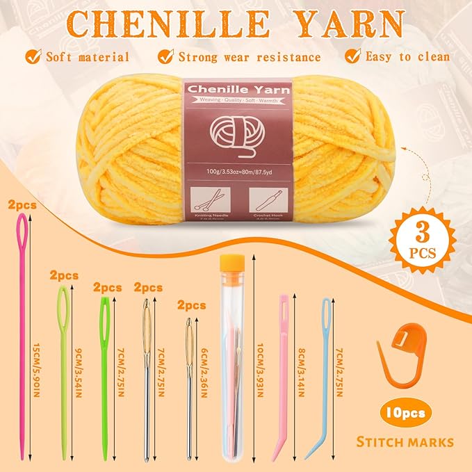 LUNARM Chenille Yarn for Crocheting Knitting, 3 Skein 263 Yard Thick Soft Chunky Fluffy Weaving Plush Yarn for Blankets Clothes Pattern Creations with Big Eye Needles (Yellow)