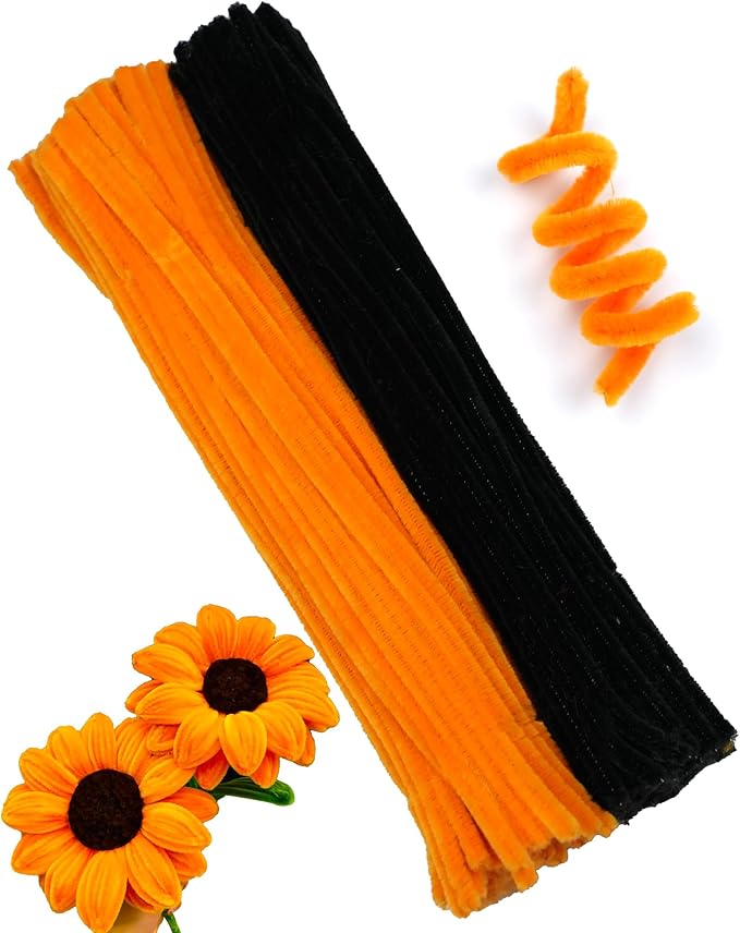 200 Pcs Black & Yellow Thick Pipe Cleaners Craft Supplies for Floral Bonquet DIY Flower Making Kit for Starter with Floral Wires, Gardening Tape,Stamen Gift Wrapping Party Decor