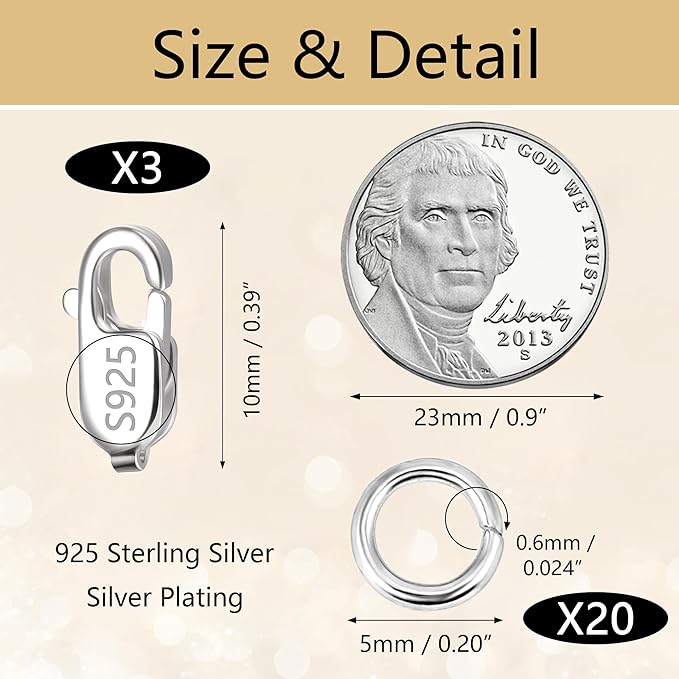 925 Sterling Silver Jewelry Making Lobster Claw 10mm, 23PCS Italian Rectangle Trigger Clasps with Open Jump Rings Set, Small Necklaces Bracelet Connector Clasp Supplies Silver Jewelry Finding Set