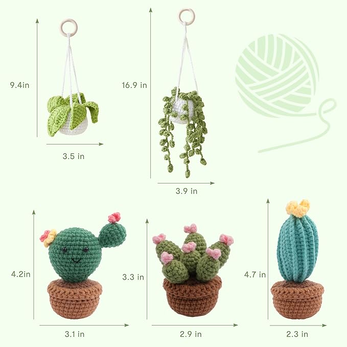 HOUSE CREATIVITY Crochet Plant Kit for Beginners – Mini Succulent & Cactus Garden (5 Plants), Amigurumi Crochet Starter Kit with Video Tutorial, Yarn & Pots, Cute Desk Decor DIY Craft Gift
