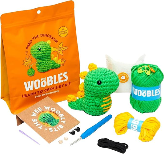 the woobles crochet kit for beginners - easy arts and crafts knitting & crochet animals kit as seen on shark tank - fred the dinosaur