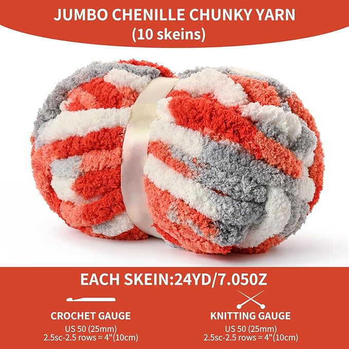 10 Pack Jumbo Chunky Yarn for Hand Knitting, Fluffy Variegated Chunky Chenille Yarn for Crocheting, 240yds/70.5oz Super Bulky Soft Crochet Baby Blanket Yarn(White-Grey-Orange)