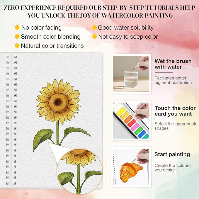 APOLYONE 2-Pack Beginner Watercolor Workbooks: 24 Coloring Pages + 12 Watercolor Paints + Brush – 300gsm/140lb Paper – Gift for Women, Adults & Beginners (Birds & Flower)