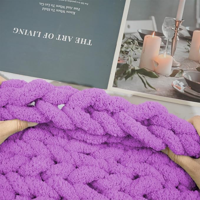 Chunky Yarn for Hand Knitting and Blankets – Super Soft Jumbo Chenille Yarn Pack for Crocheting, Bulky DIY Projects, 8 Skeins(Purple)
