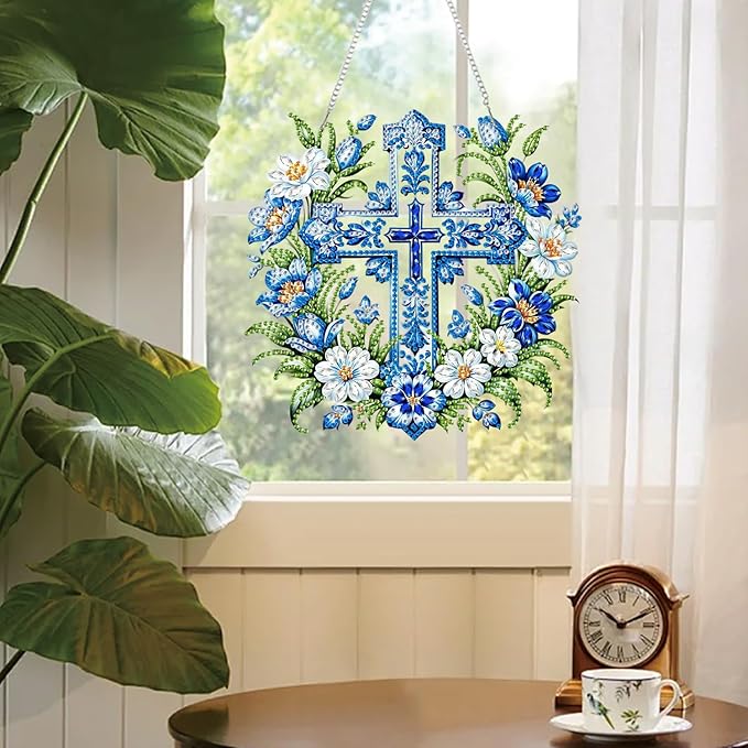 AIBOERL Diamond Art Hanging Kit for Adult,Special Shaped Rhinestone,Double Sided 5D DIY Acrylic Diamond Art Painting Window Pendants Home Garden Wall Hanging Kits Hanging Ornament (Cross)