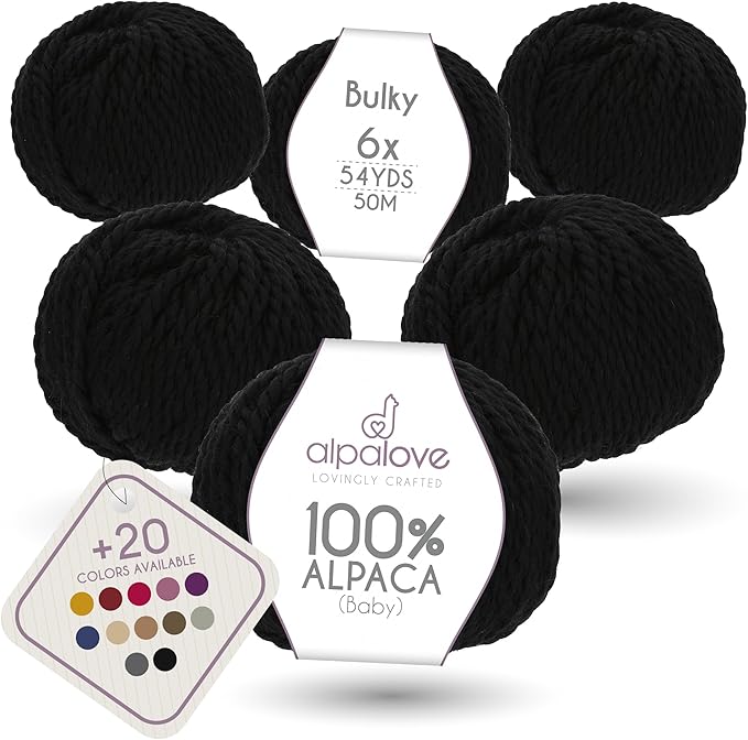 Bulky Set (6 x 1.75 oz) Super Soft Baby Alpaca Knitting Yarn Black 328 Yards