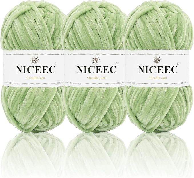NICEEC 3 Skeins Soft Chenille Yarn Blanket Yarn for Knitting Fancy Yarn for Crochet Weaving DIY Craft Total Length 3×85m (3×93yds, 3×50g)_Mint Green